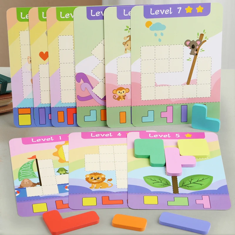 Wooden Educational Puzzle Toy, Wooden 7 Colored Building Blocks & 9 Double-sided Challenge Cards, Exercise Thinking Ability Game