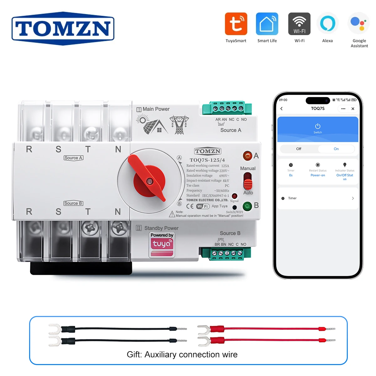 

TOMZN TUYA SmartLife ATS 4P AC230V 63A 100A 125A Dual Power Automatic Transfer Switch TOQ7S Three-phase Four-wire DIN Rail