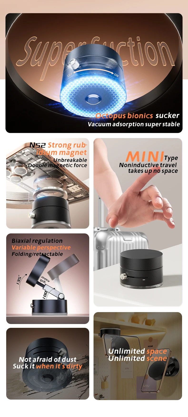 Mini Vakuum Doppel Seite Magnetische Saugnapf Halter Faltbare Küche Faul Telefon Halterung Für iPhone Android Smartphone – Detail 3