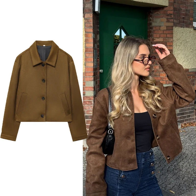 

Коричневая замшевая куртка, женский топ с длинным рукавом, женская кожаная куртка, осень 202, женская куртка, женское пальто, топы для женщин, короткие пальто