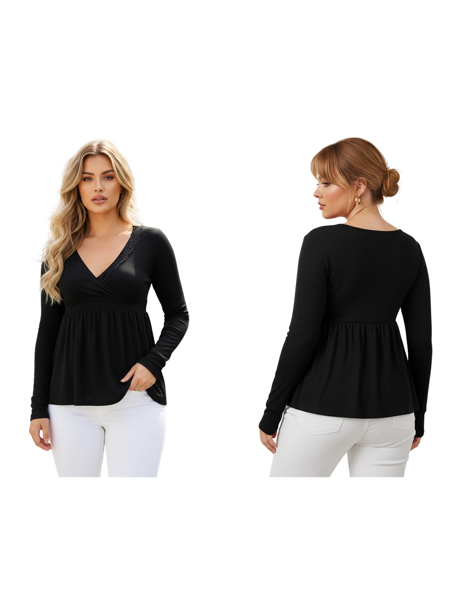 スタイリッシュな女性の V ネック ペプラム ブラウス、フリル裾付き - 秋のファッションのためのトレンディなソリッドカラーの長袖シャツ