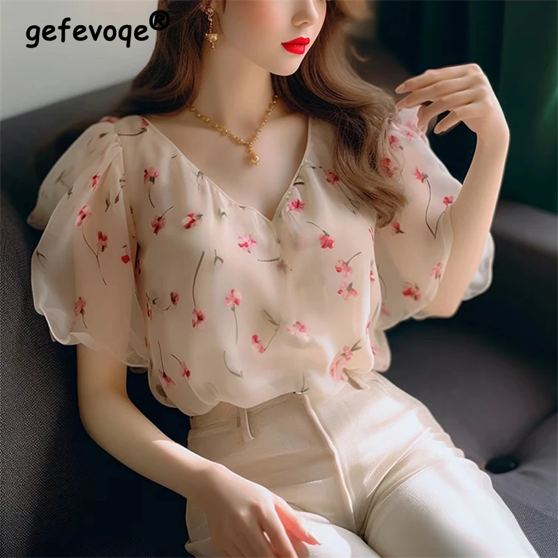 New Women Stylish Floral Print Sweet Blouses Fairy V Neck Short Sleeve Shirts Elegant Chic Loose Tops Blusa De Mujer Verano 2024