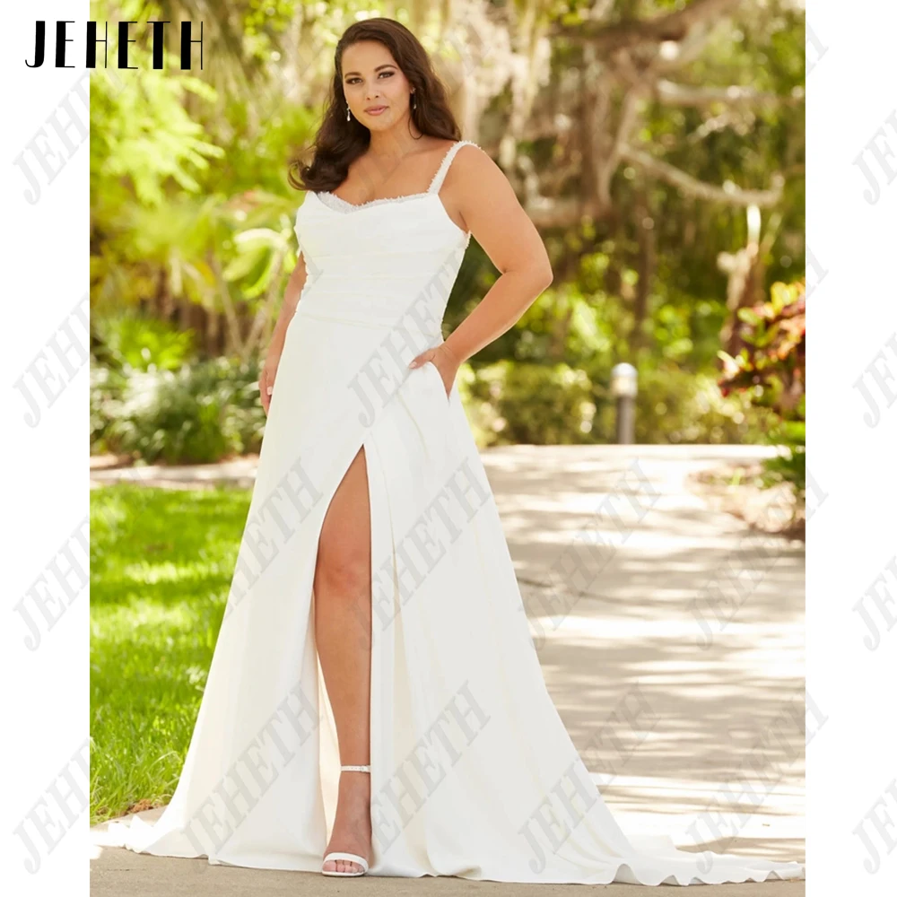 JEHETH Modern Wedding Dresses For Woman Plus Size Sleeveless Side Split Bride Gowns Satin Spaghetti Straps vestidos de novia