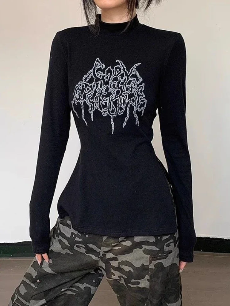 HOUZHOU Y2k 블랙 빈티지 티셔츠 여성 하라주쿠 프린트 긴 소매 한국 패션 티셔츠 슬림 하이 웨이스트 사이드 슬릿 streetwear