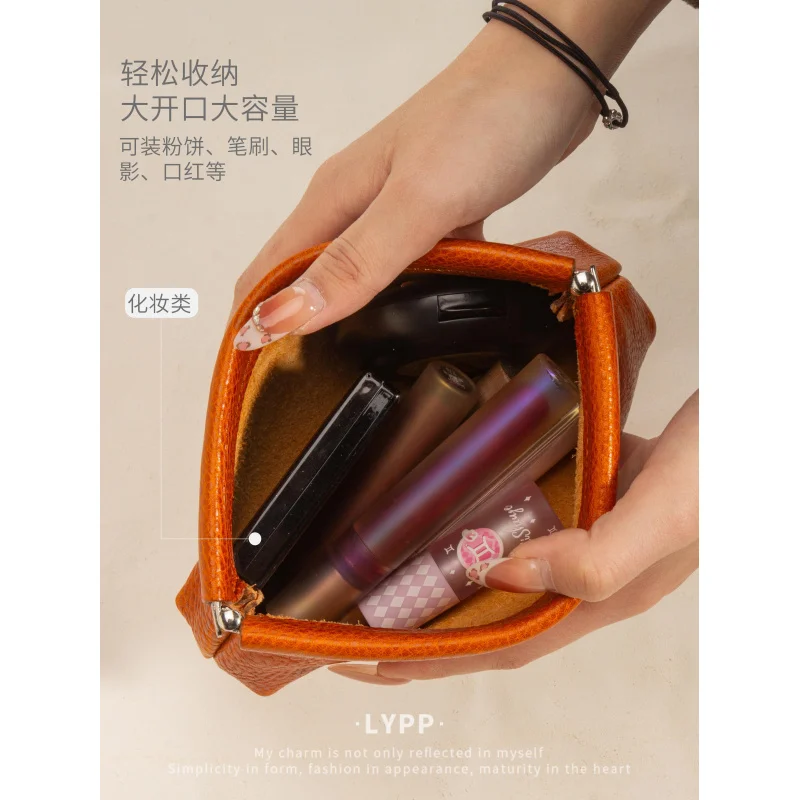 Genuine Leather makeup bag portable outdoor women self-closing large capacity lipstick coin pouch stationery storage bag