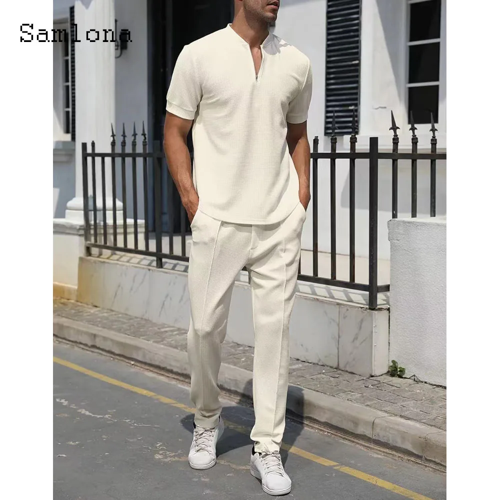 Mens Latest Casual Simple Two Piece Sets 2024 Europe Style Vintage Basic Shirt and White Pants Suit Male Beach Tracksuits Set