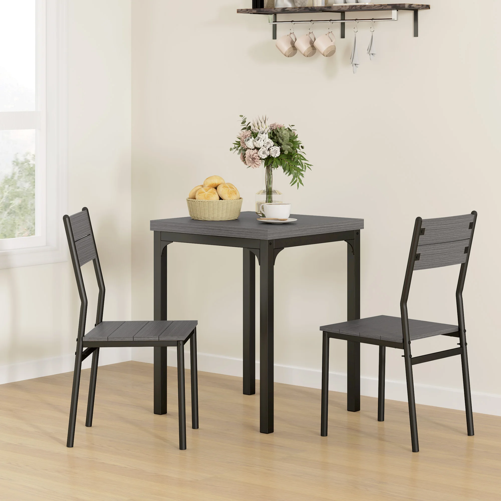 HOMCOM 3-teilige Essgruppe Esstisch mit 2 Stühlen, 4 cm Tischplatte Sitzgruppe Küchentisch mit Metallgestell Esszimmergruppe, Grau
