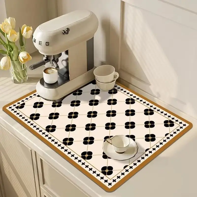 French Vintage Checkered Tableware Drain Mat, Absorbent Kitchen Counter Mat, Coffee Maker Mat, Home Decor