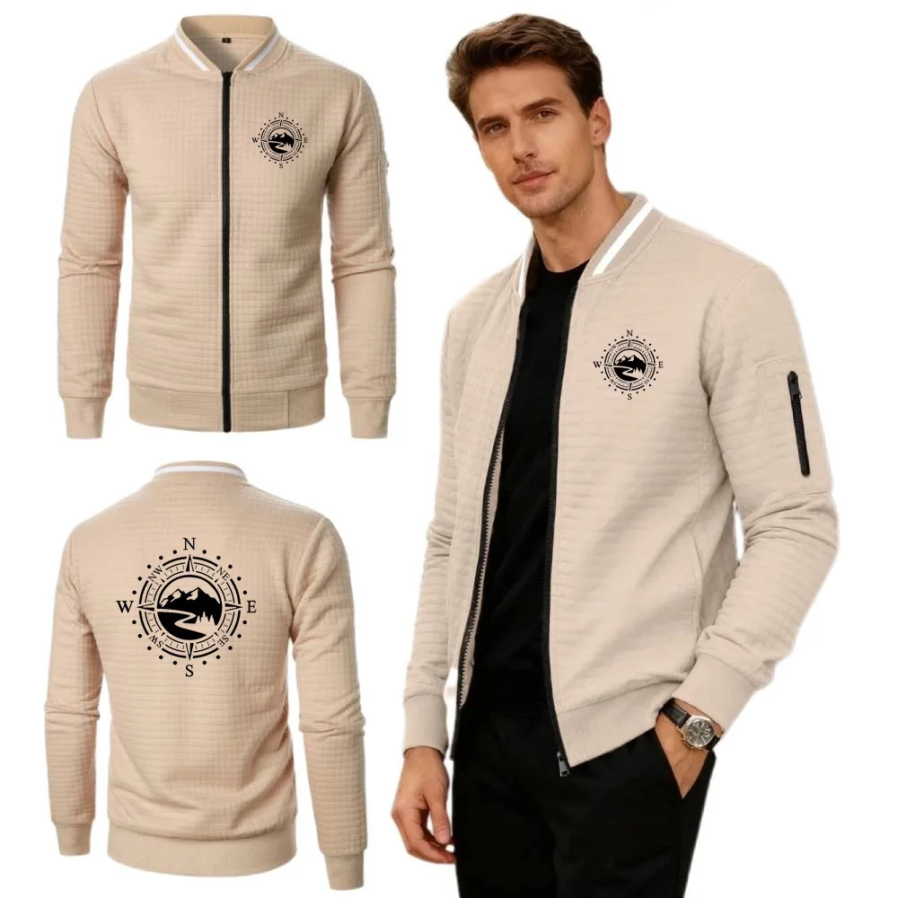 Large Compass Pattern Jackets Jungle Mountain Hunting Expedition Enthusiasts Sweatshirt Mens Baseball Collar Jersey Waffle Coats