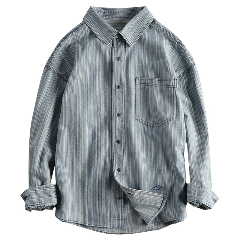 

2024 spring and autumn new trend retro men's striped woven fabric washed to make old long-sleeved shirt casual thin shirt coat