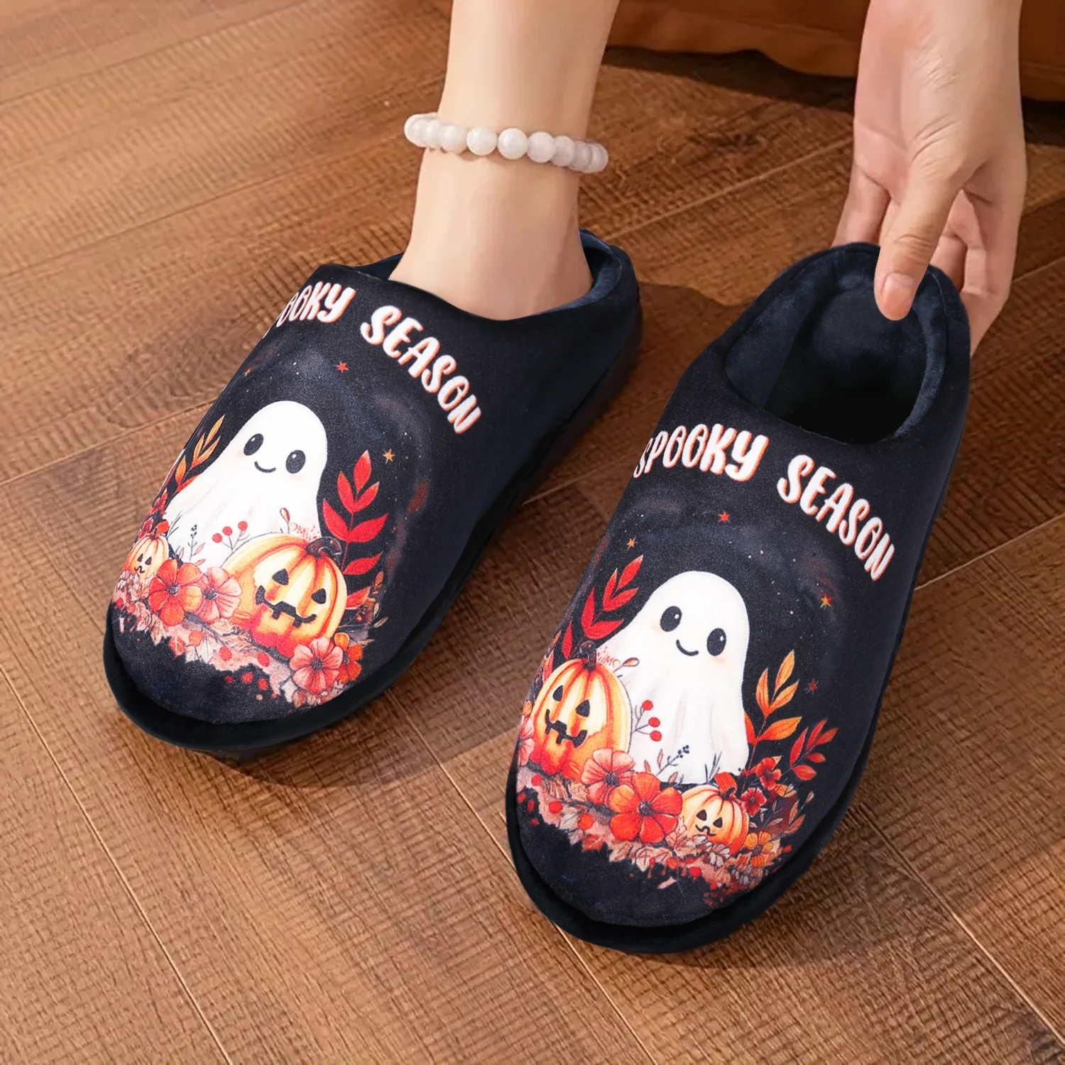 

Halloween Pumpkin Slippers, "SPOOKY SEASON" Plush Cozy Indoor Womens Slippers, Soft Bedroom Slip On Shoes, Non-slip Rubber Sole