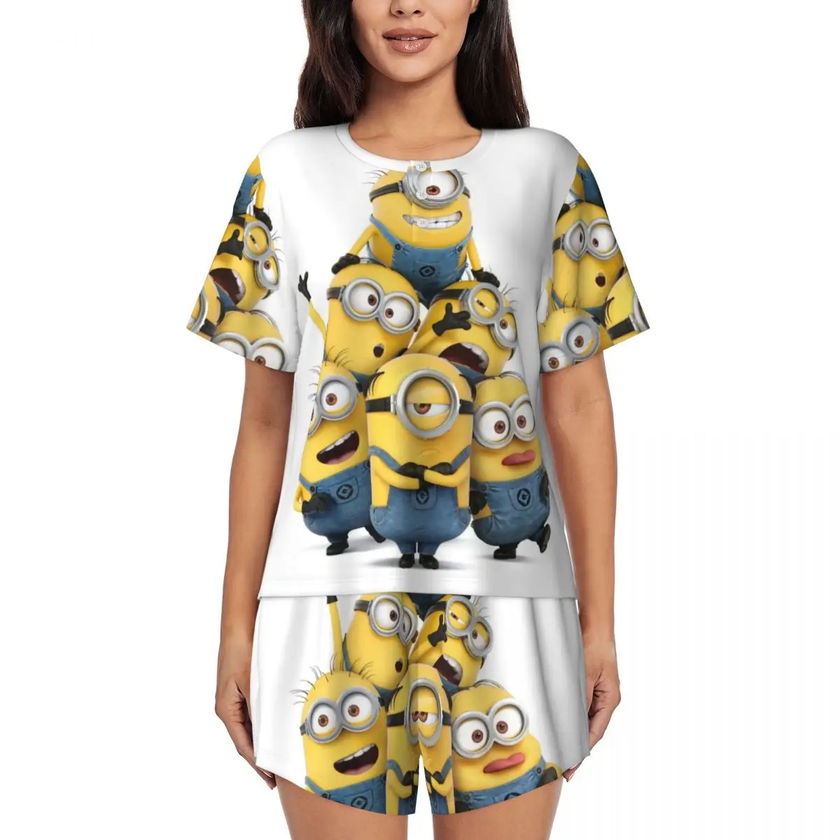 Custom Animated Comedy Movies Minions Pajamas Set Womens Short Sleeve Sleepwear Loungewear 2 Piece Pjs