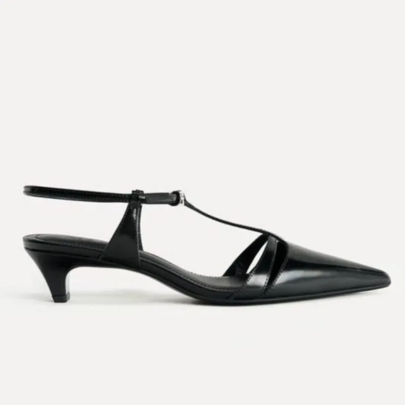 Zapatos de tacón bajo de charol negro, zapatos de diseñador con hebilla en el tobillo a la moda para mujer, sandalias elegantes con correa en T y punta estrecha