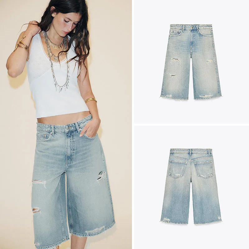 

New Summer Women's Denim orts Decorative Hole Loose Fit l Waist Stand Sle No Stretch Fabric Other