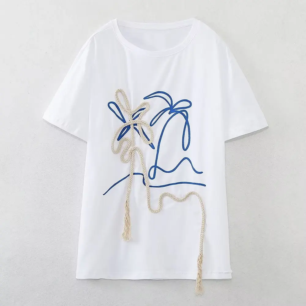 2024 New Women's Hand-Painted Girl Print T Shirt Summer Sweet O-Neck Short Sleeve Loose Cotton Pullover Tees Top