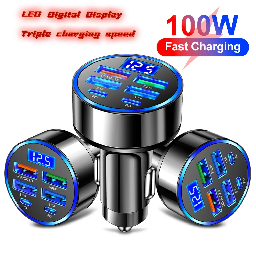 

New Car Phone Charger Super Fast Charging Multi-port Plug Alloy Coil Digital Display Flash Charger Charger Head Converter