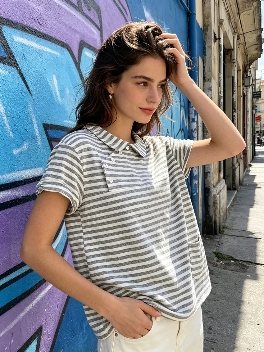Women Casual Summer Short Sleeve T‑Shirts Peter Pan Doll Collar Diagonal Button Placket Pocket Loose Back Pleated Striped Tops