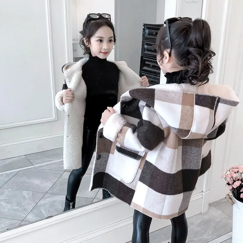 

Girls Coat Long and Thick Fall and Winter Children Windbreaker Lamb Cashmere Girls Wool Coat Korean Simple Style Fashion Clothes