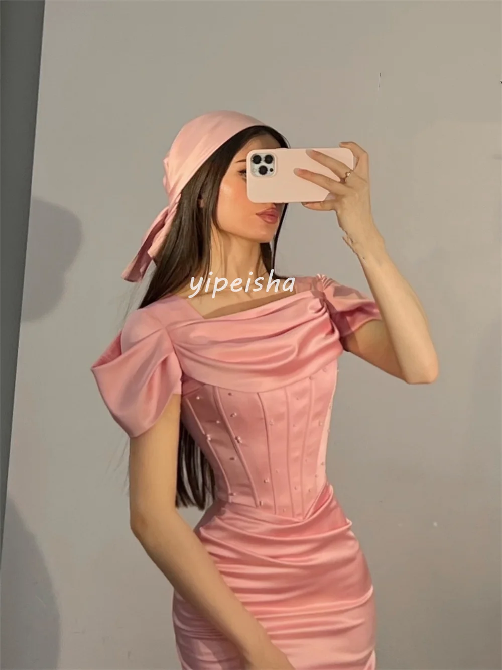 Aangepaste prachtige hoge kwaliteit plooi ruches parel zeemeermin vierkante hals lange jurken avondjurken maten beschikbaar mode