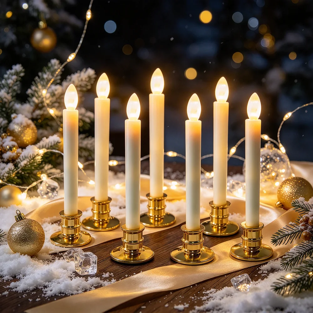 6pcs Gold Base Long Stem LED Candle Lights, Flameless Candles, for Christmas New Year Wedding Birthday Holiday Party Decoration