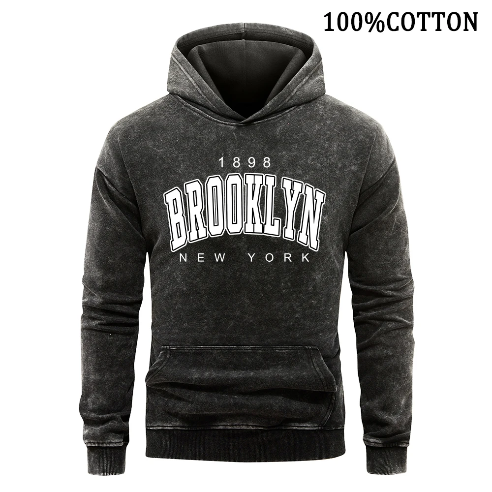 1898 Brooklyn New York Letter Man Hoodies Retro Washed Hoodie Cotton Hoody Vintage Long Sleeves Pollover Sports Shirt Loose Tops