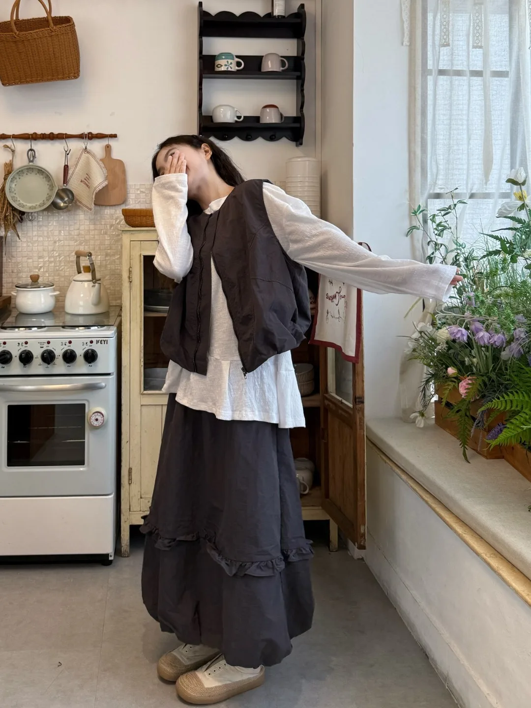 

Свободный женский жилет-топ и юбка миди с высокой талией в корейском стиле, осенняя новинка, большие размеры, на молнии, для повседневной носки