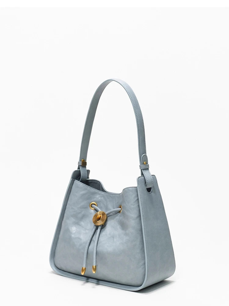 Tas Ember Sederhana Fashion Biru Tas Tote Kulit Asli Wanita \ Tas Tangan Tas Komuter Selempang Bahu Ketiak Kulit Asli Baru