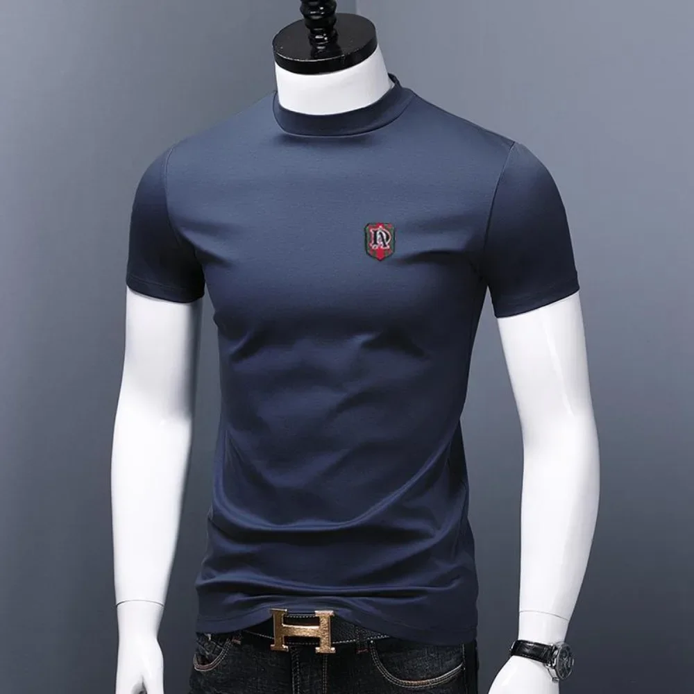 Men\'s Casual Turtleneck T-Shirts Short Sleeve Solid Slim Fit Silk High Neck Tops Inner Wear Trendy Round Neck Base Layer Shirt