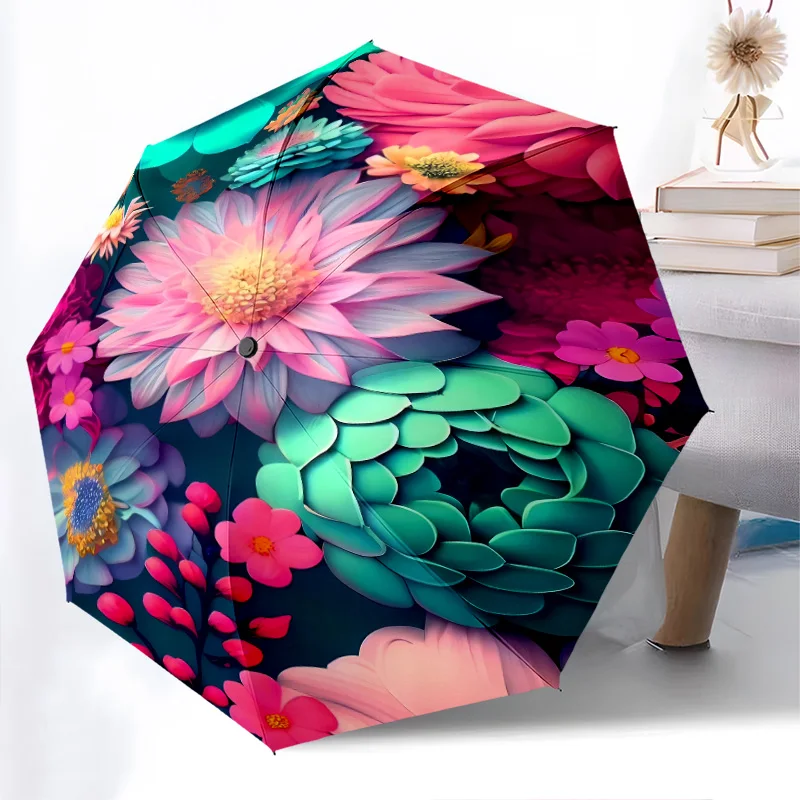 

Складной зонт с красивыми цветами, модный дизайн с автоматическим открытием, 8, железные ребра, пластиковая ручка, складной солнцезащитный козырек, идеальные подарки