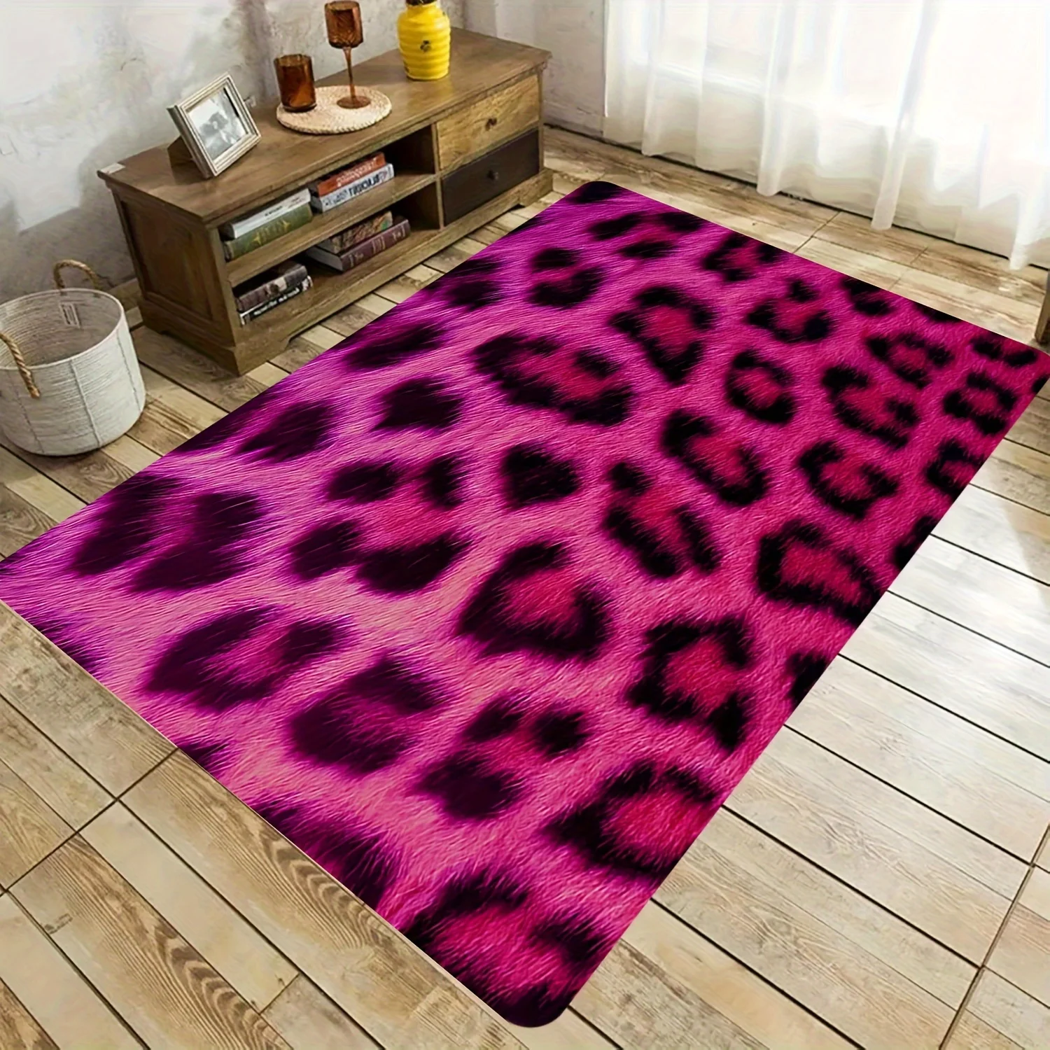 Pink Leopard Spots Simple Pattern Non-Slip Printed Area Rug Short Pile Decorative Floor Mat for Bedroom Kitchen Living Room