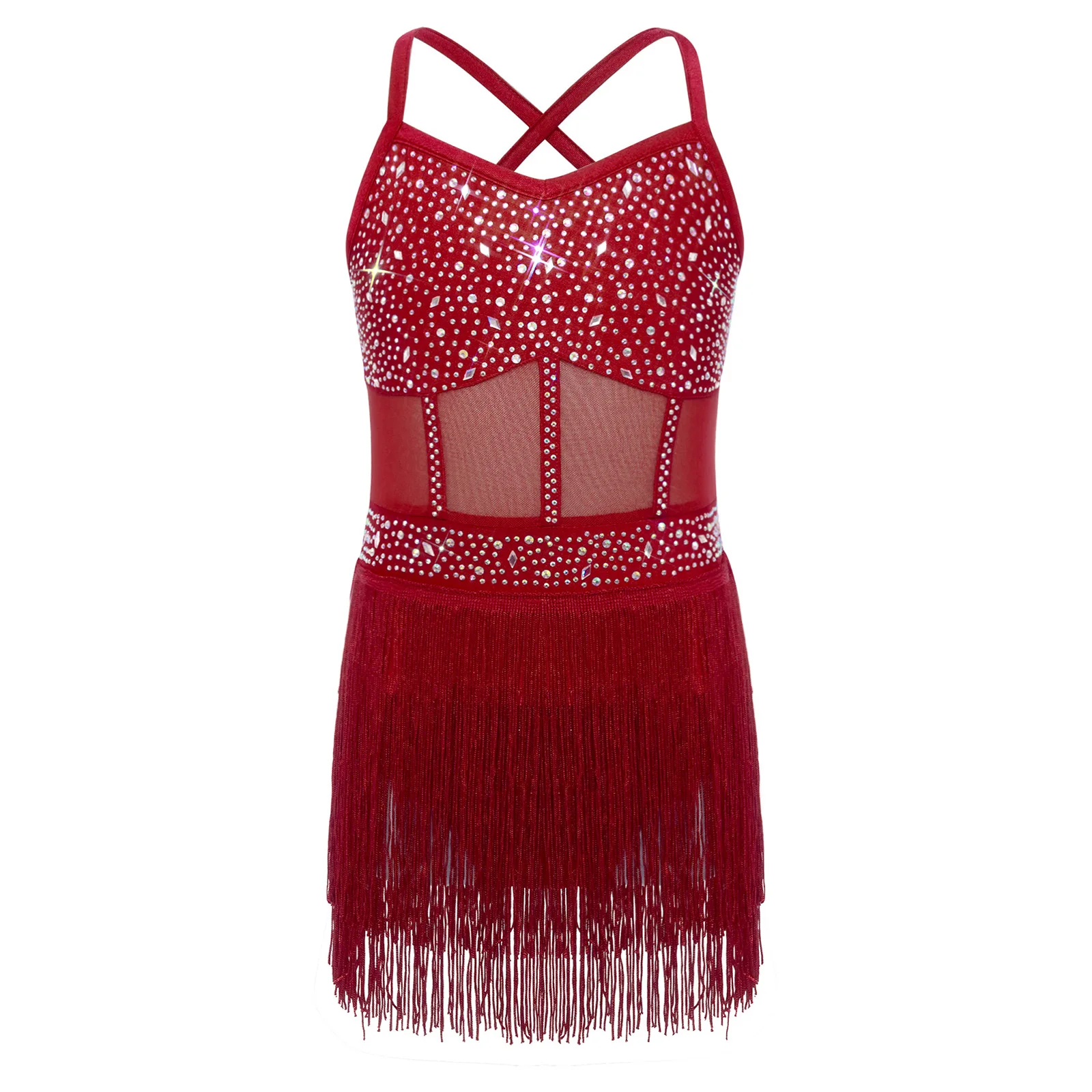 Crianças meninas latina jazz dança collant vestido brilhante strass pura malha borla bodysuit para tango cha-cha samba rumba salão de baile