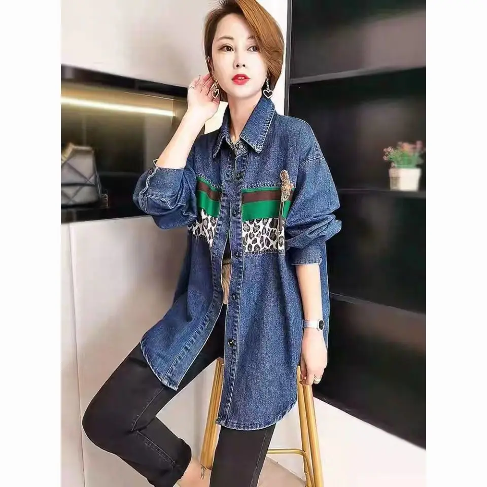 Women Harajuku Fashion Long Sleeve Plaid Spliced Jean Blouses Tide Denim Shirts Single-breasted Overshirt Y2k Streetwear D318