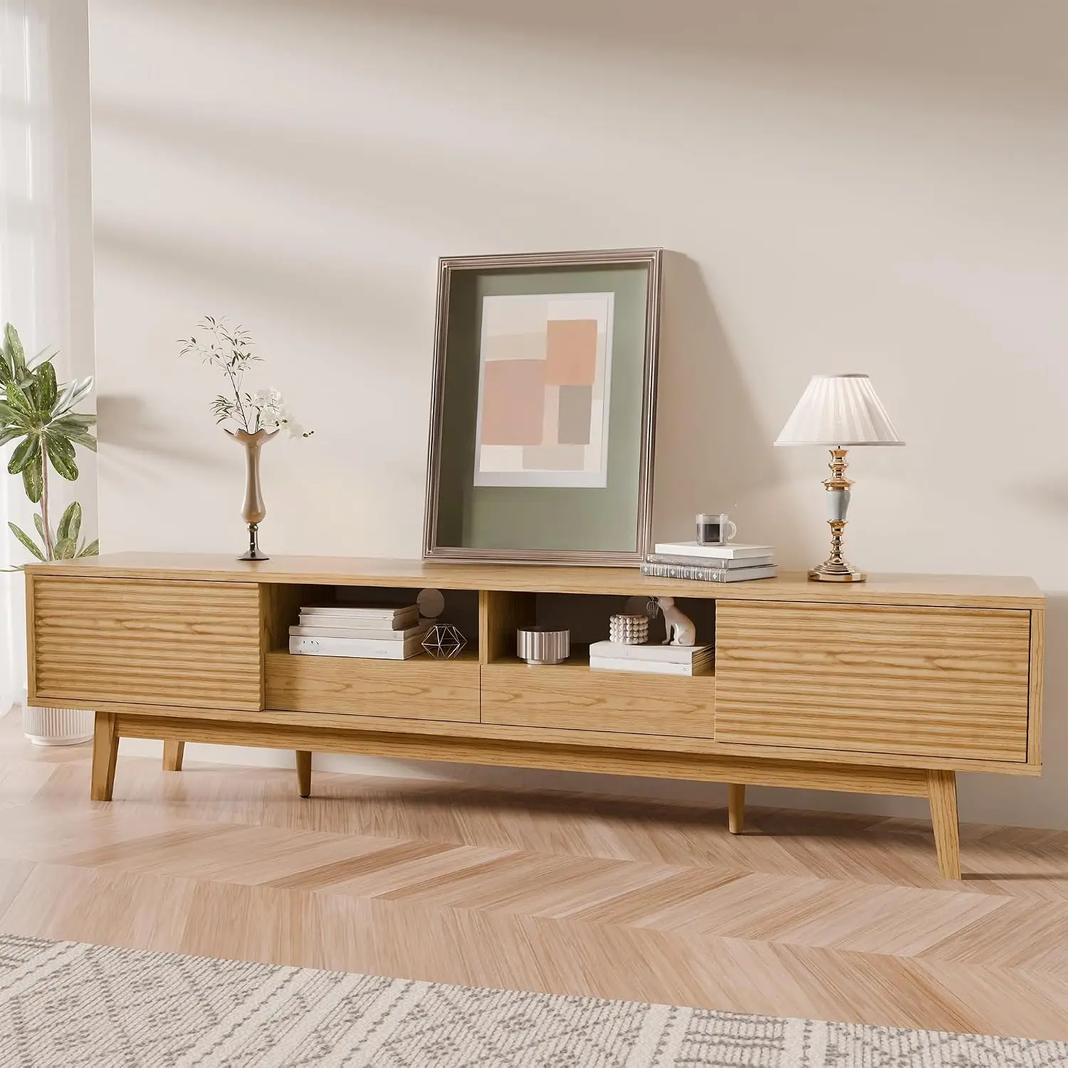 Mid Century Modern 70 Inch Oak Tv Stand Accommodates Up To 75 Inch Fluted Sliding Doors Storage Drawers Low Profile Wood Enterta