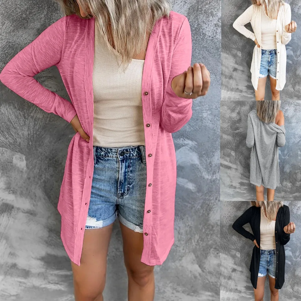 

Autumn and Winter European and American Women's Long Button Solid Color Casual Long-sleeved Cardigan for Women