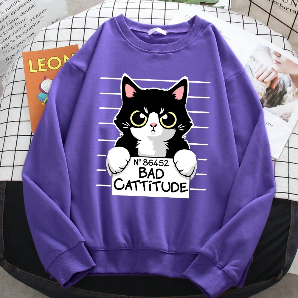 Autumn Winter Womens Pullover No86452 Bad Cattitude Funny Cat Print Hoodie Fleece All-Math Sweatshirts Warm Crewneck Ladies Tops