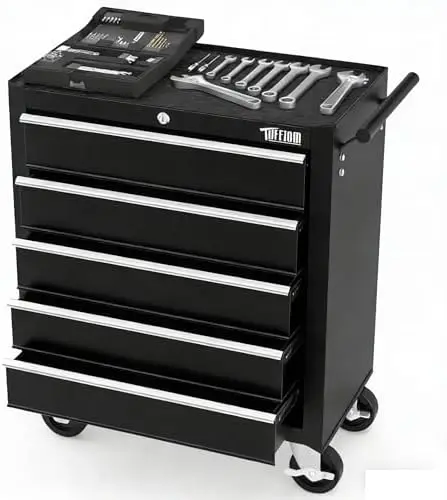 5-Drawer Rolling Tool Chest w/Drawers & Lock, Tool Storage Cabinet with Lockable Wheels, Top Cushion & Drawer Liners