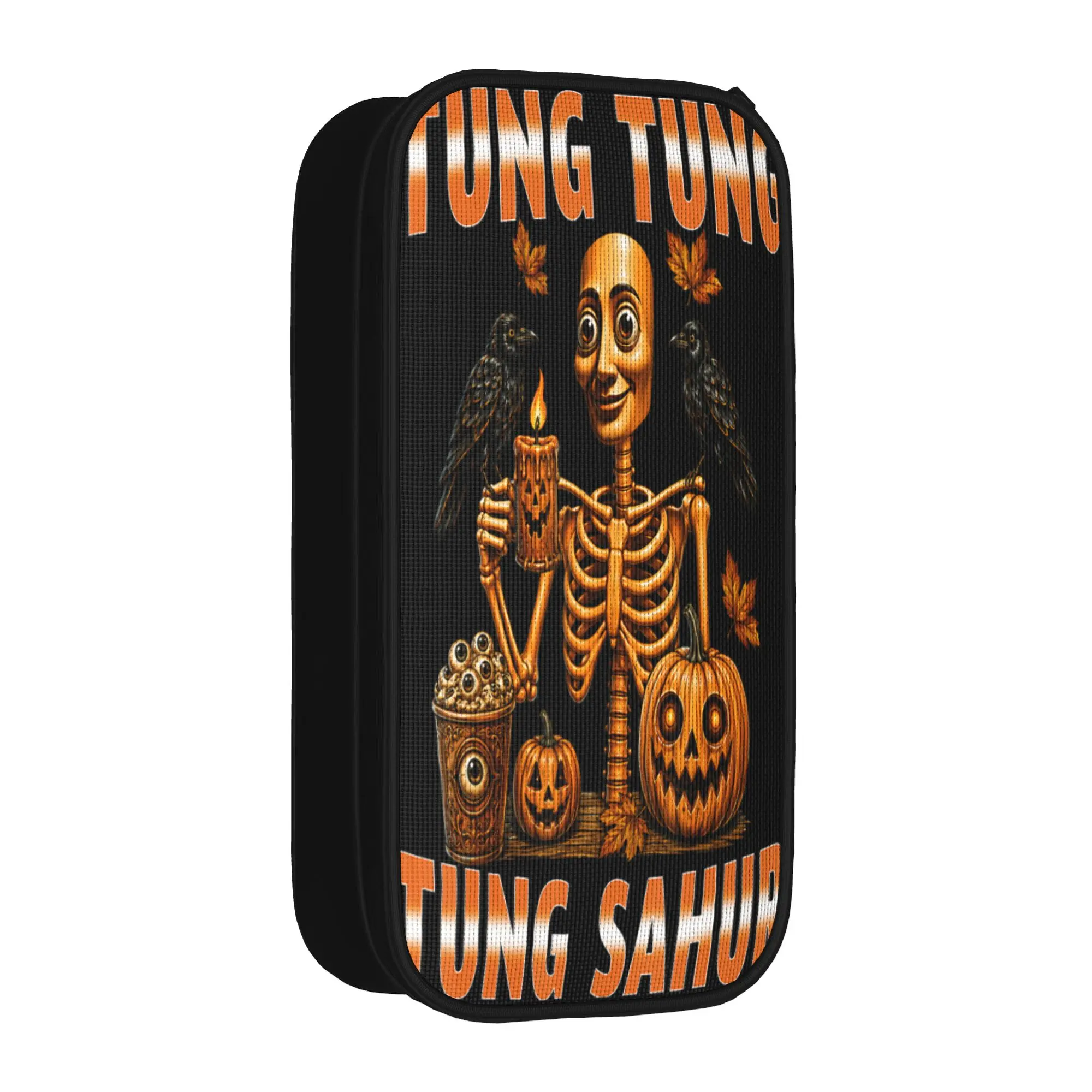 Vintage Halloween Skeleton Tung Tung Sahur Pumpkin Pencil Case  School Pencil Cases Double Layer Students University Pencil Bag