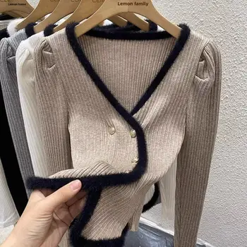 Cardigan lavorato a maglia con scollo a V francese, a blocchi di colore, vestibilità aderente, alla moda, stile autunnale, piccolo, stile cappotto 6 best sales Crema superiore - №2