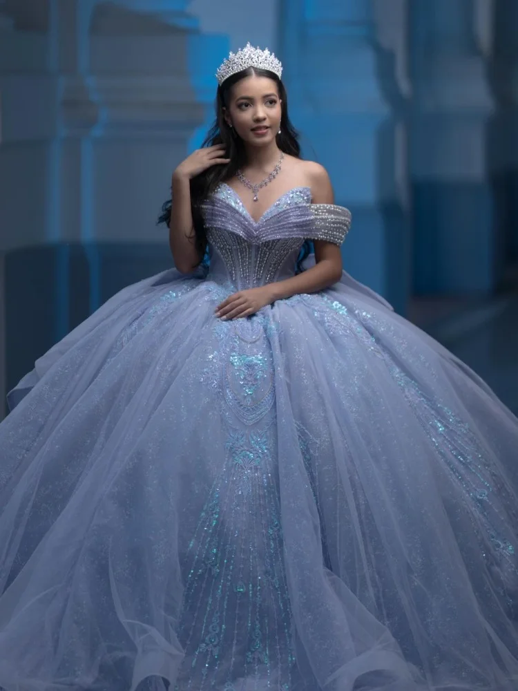 

Shiny Haze Blue Quinceanera Dresses Off the Shoulder Glitter Crystal Decal Long tail Bow Vestido e 15 Quinceanera Customize