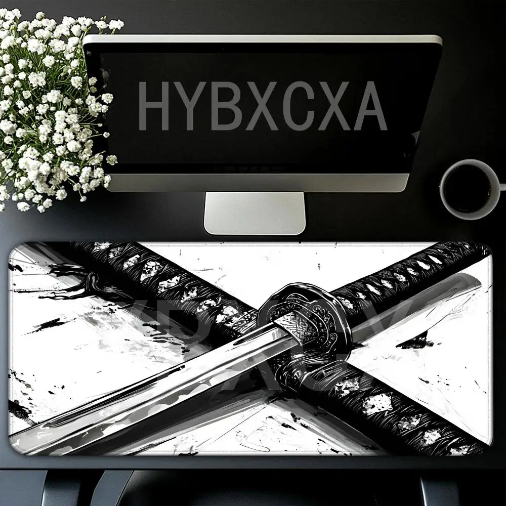 

HYBXAXC Crossed Katana Swords Ink Art Mouse Pad Black White Non Slip Rubber Desk Mat For Gaming Office Laptop Decor