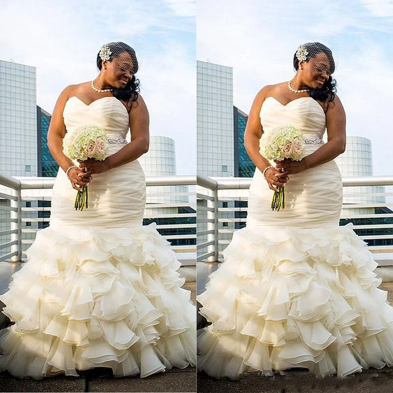 African Plus Size Mermaid Wedding Dress Sweetheart Ruffle Skirt Organza Bridal Gown For Black Girl Sleeveless Long Wedding Dress