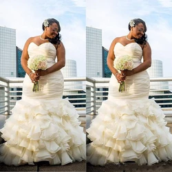 African Plus Size Mermaid Wedding Dress Sweetheart Ruffle Skirt Organza Bridal Gown For Black Girl Sleeveless Long Wedding Dress