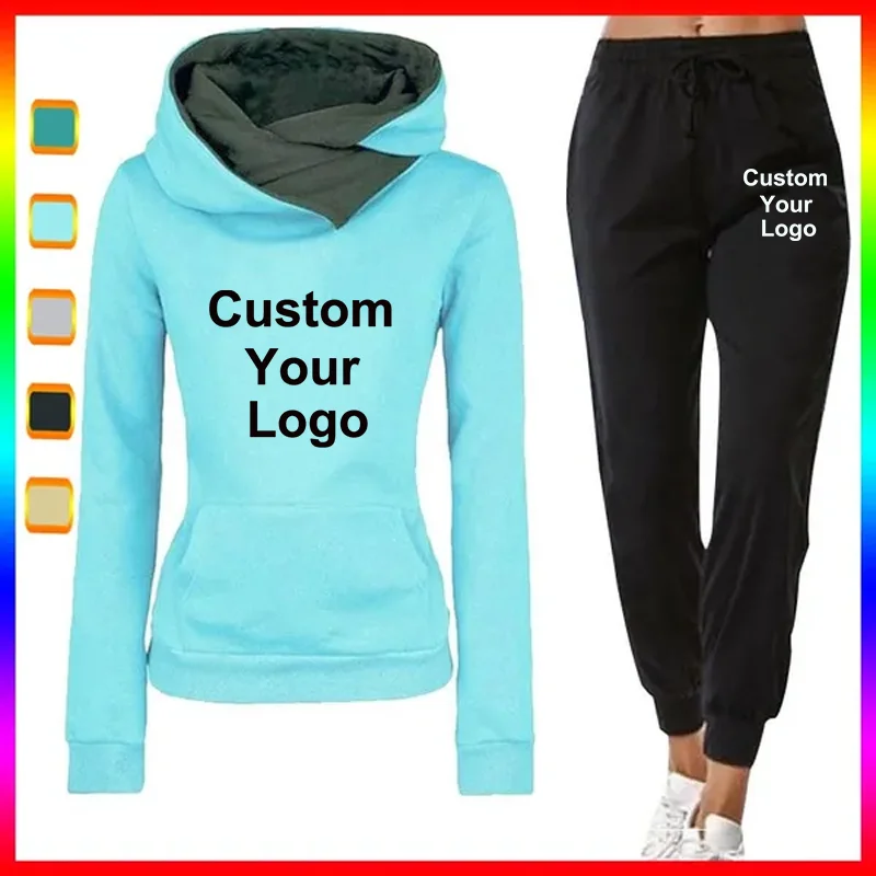 Women Custom Your Logo Hoodie Set Sportwear Suit Casual Jacket Sweatshirt + Pants 2 pcs Set Splice Tracksuit Suit