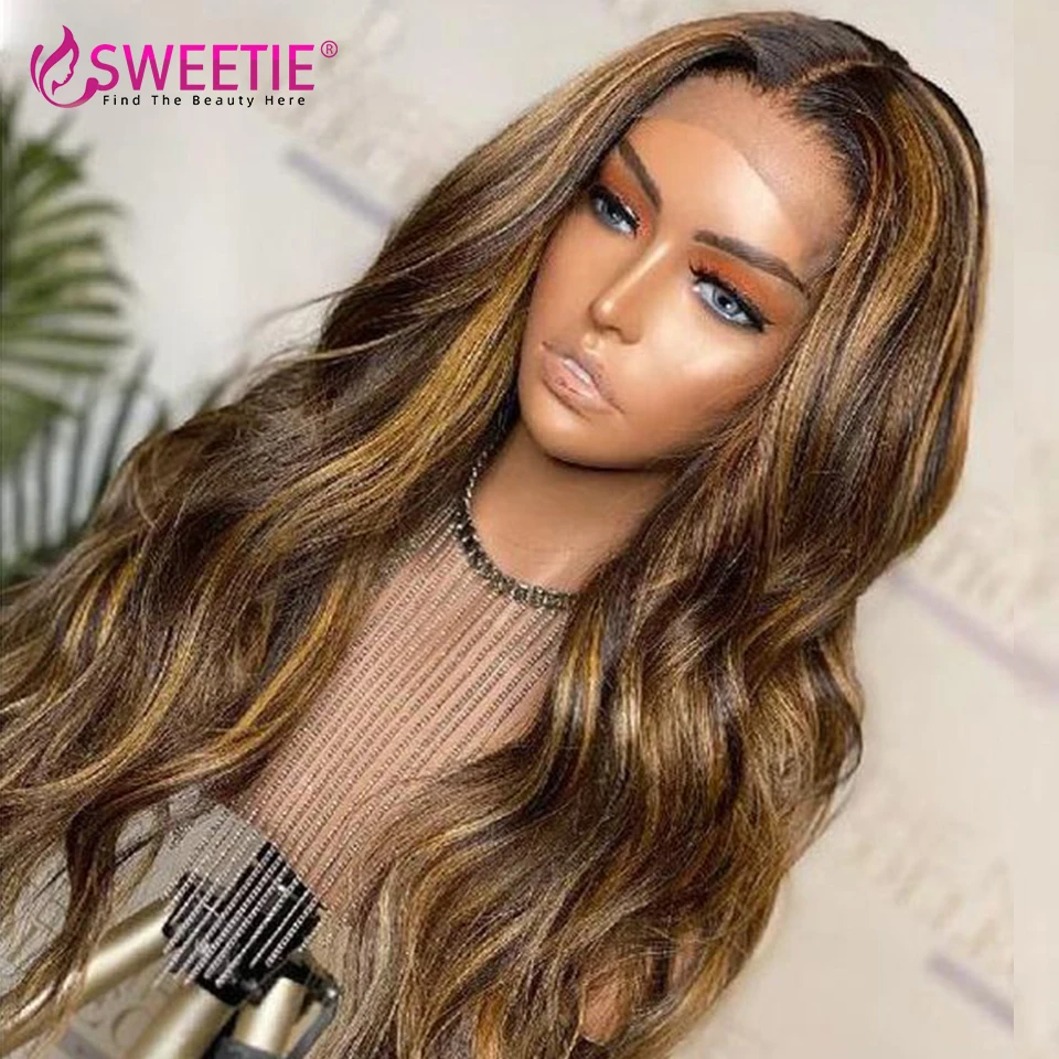 

Парик Sweetie Highlight Body Wave P4/27 Цветной парик из натуральных волос на кружеве с эффектом омбре, плотность 180%, цвет фортепиано, 13x6, кружевной фронтальный парик