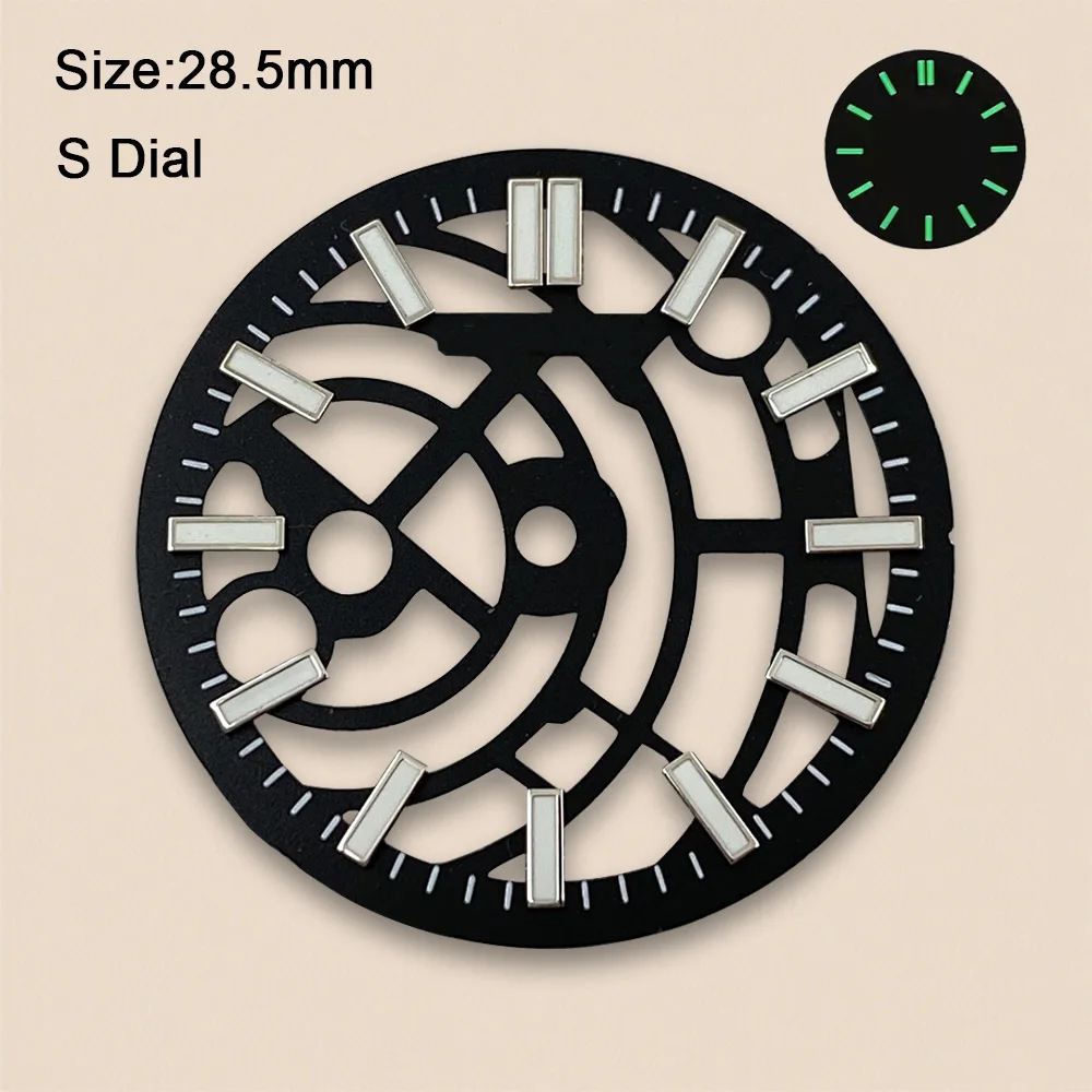New 28.5mm S Logo Hollow Out Dial Suitable For NH70 NH72 Movement Green Luminous Watch Accessories Repair Tool