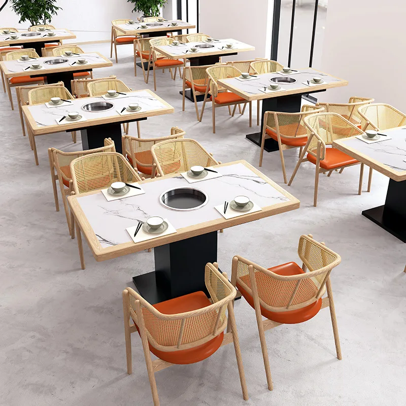 !@Solid Wood Rock Board Hot Pot Table Integrated Smokeless Barbecue Modern Design Iron Frame Durable for Restaurant Balcony Use
