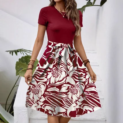 Fashion Trend Crew Neck Short Sleeve Color Matching Belt Dress Women Show Thin Fashion Temperament