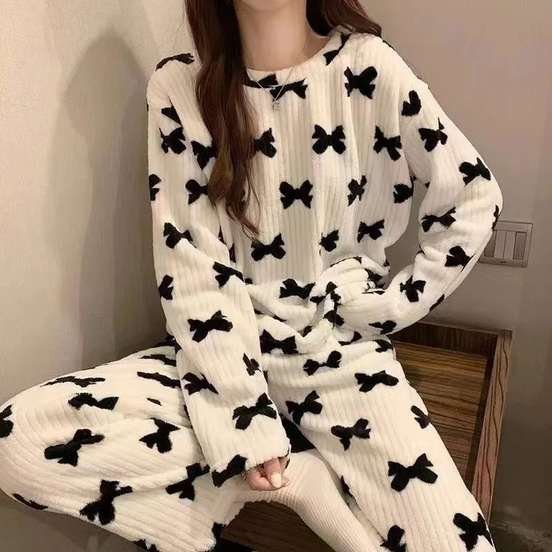 Women Pajamas Sets Winter Flannel Sleepwear Velvet Pyjama 2 Pieces Cartoon Pjs Warm Pijamas Mujer Female Loungewear Homewear