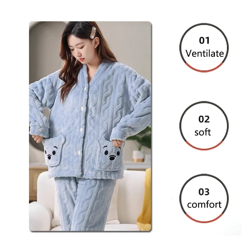 Thickened Warm Coral Velvet Pyjamas Women's Autumn and Winter Cartoon Bear Print Striped Flannel Student Sleepwear Homewear
