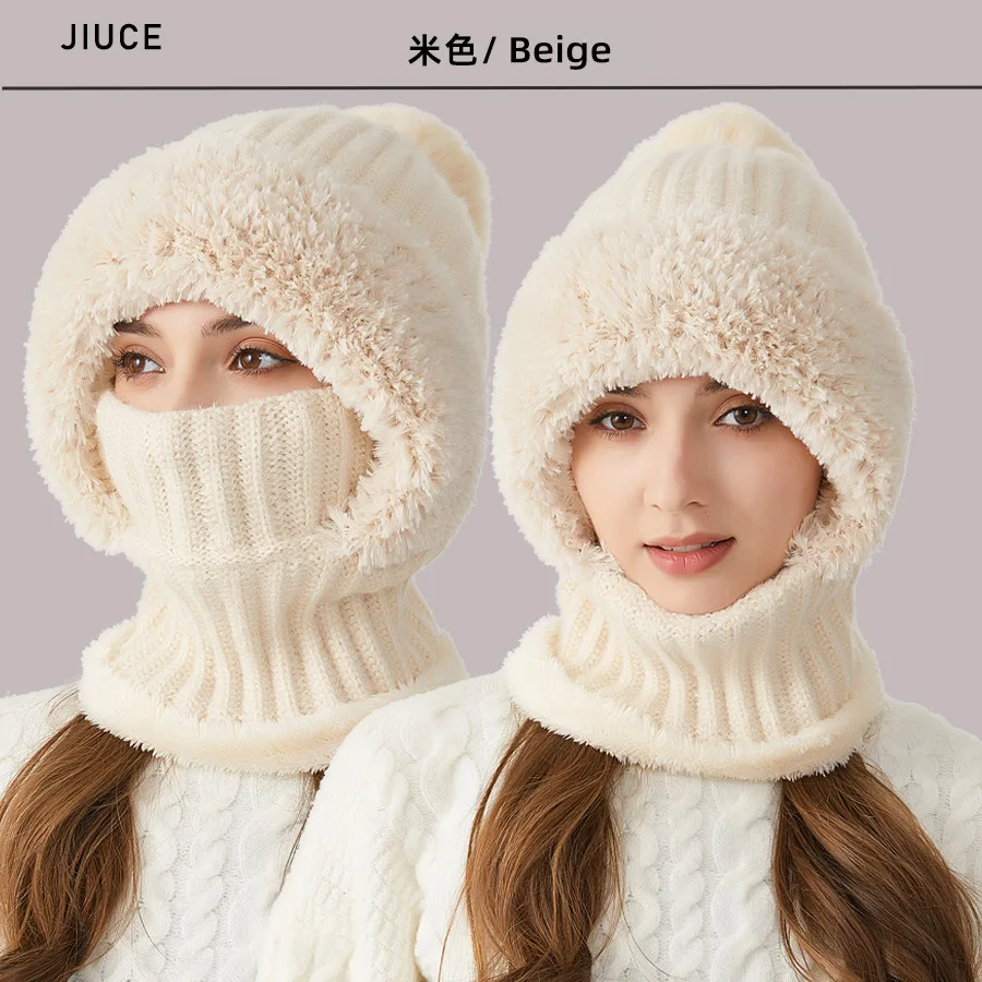 1 x mit Winter gefütterte Strickmütze mit Ohrenklappe, winddichte und warme Kapuzen-Halsmanschette für Radfahren im Freien, warme Mütze, Weihnachtsmützen